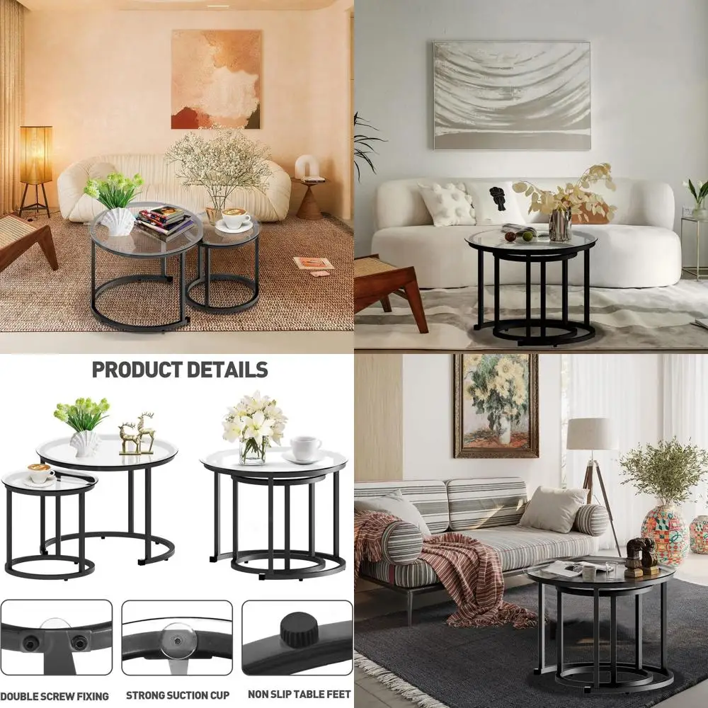 

Modern Industrial Metal Frame Coffee Table Set of 2, Nesting Glass End Tables for Small Spaces