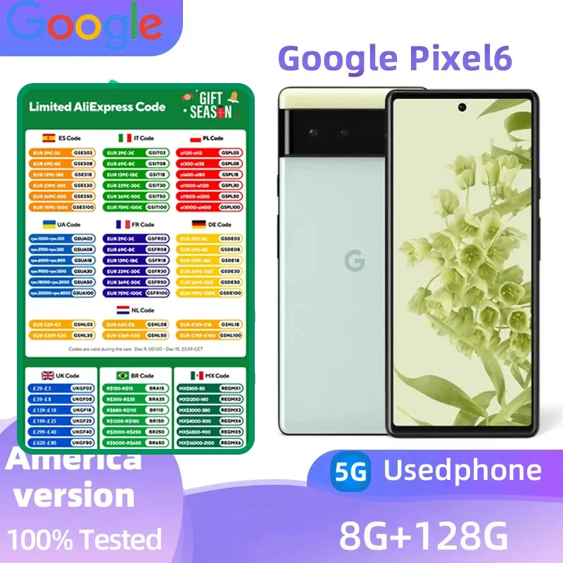 Google Pixel6 5G SmartPhone CPU Google Tensor Battery capacity 4614mAh 50MP Cameraoriginal used phone