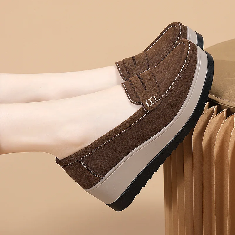 Spring Autumn Women Flats Platform Loafers Ladies Cow Suede Genuine Leather Comfort Wedge Moccasins Slip On Casual Shoes