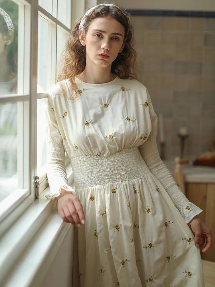 

86-94cm Bust Spring Summer 100% Cotton Long Dresses For Women Vintage Elegant Slim O-Neck Long Sleeve Embroidery Floral Dress
