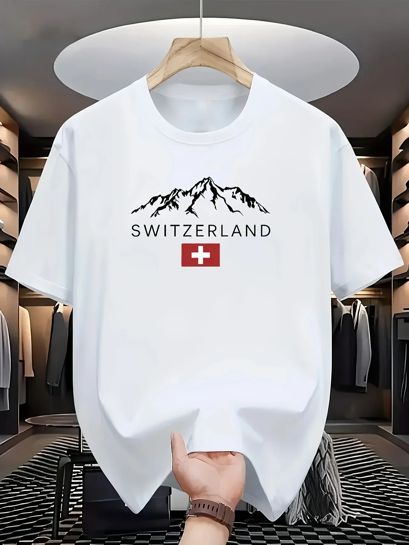 Men's summer cotton casual sportswear style Swiss mountain pattern printed round-neck short-sleeved T-shirt