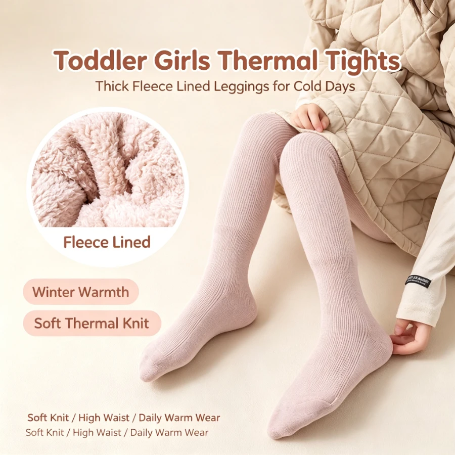 Girls Winter Thick Fleece Lined Tights Warm Cozy Ribbed Knit Pantyhose Soft Casual Thermal Leggings Kids Full Footed Stockings