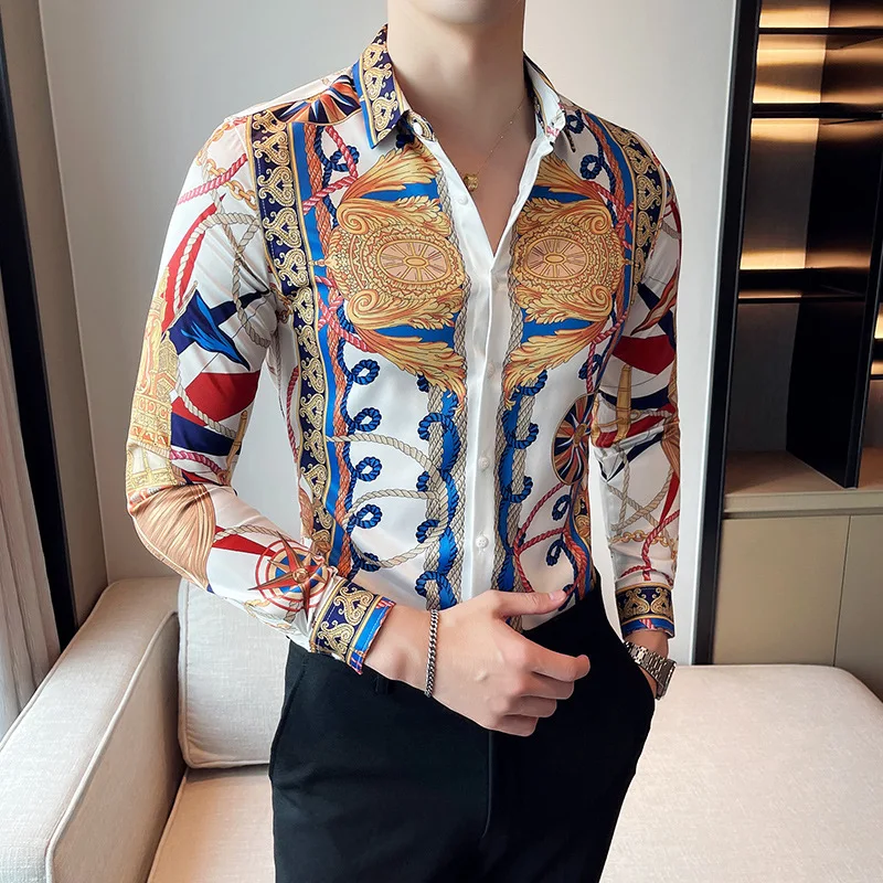 2022 Cotton Floral Print Men Shirts Long Sleeve Mens Casual Shirt Slim Men Flower Printing Dress Shirts camisa masculina S-4XL