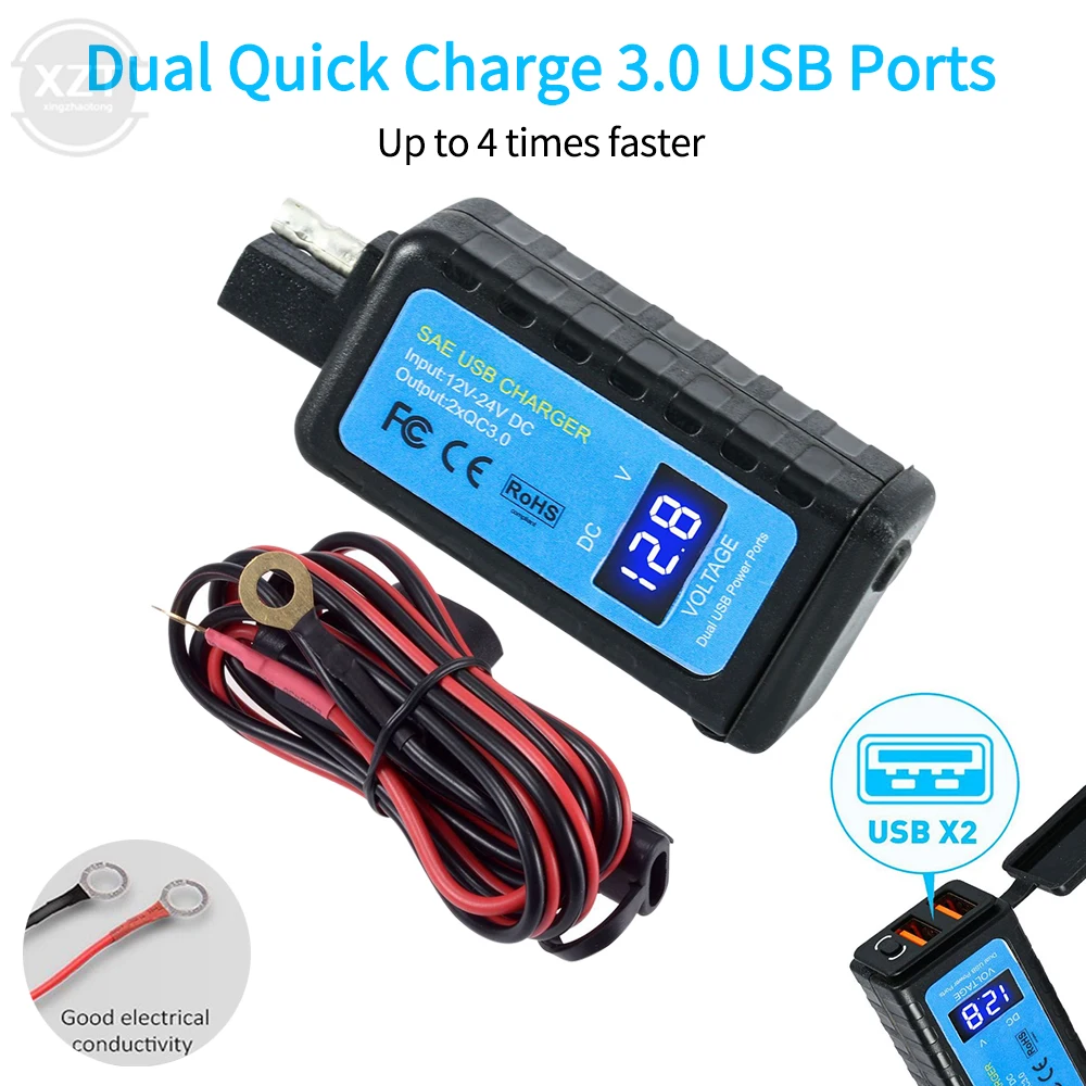 SAE To USB Adapter with Voltmeter Display Motorcycle Waterproof Dual USB QC3.0 Charger for Smart Phone Tablet GPS
