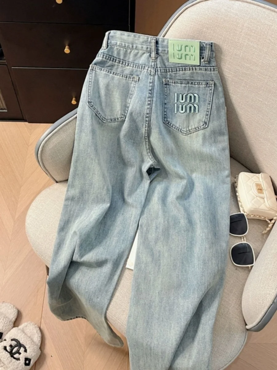 Sommer Dünne Mint ein Farbe Blo Hohe Taille Lose Fit Gestickte Denim Jeans frauen Breite Bein Hosen Abnehmen wirkung