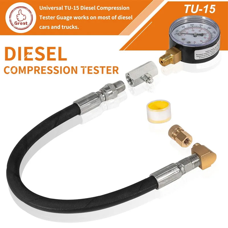 Universal TU-15 Diesel Compression Tester/Fuel Pressure Test Tool with Gauge Works on Most of Diesel Cars and Trucks