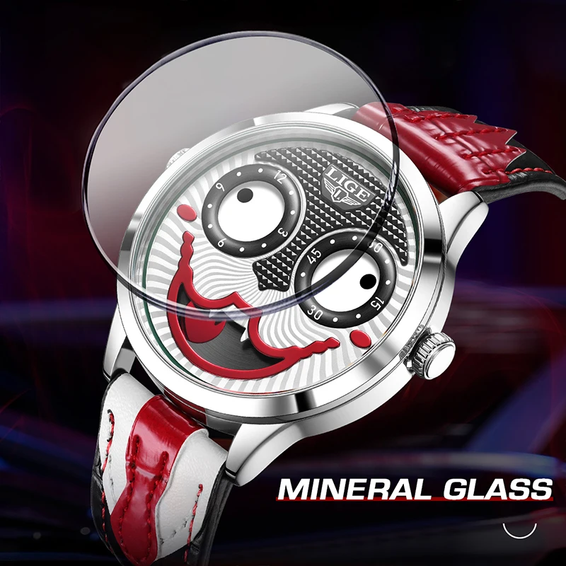 TOP LIGE ساعة رجالي مهرج ساعة مزدوجة فريدة من نوعها غريبة موضة كول كوارتز ساعة اليد مقاوم للماء ساعات للرجال relogios masculino