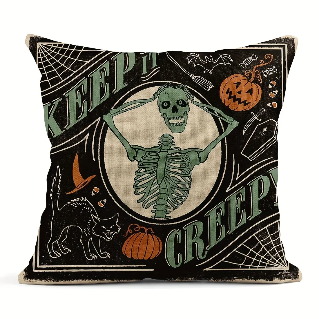 Linen Blend Throw Pillow Covers 45x45cm Vintage Halloween Scaredy Cats Pumpkins Home Decor Pillowcase Square Cushion Covers