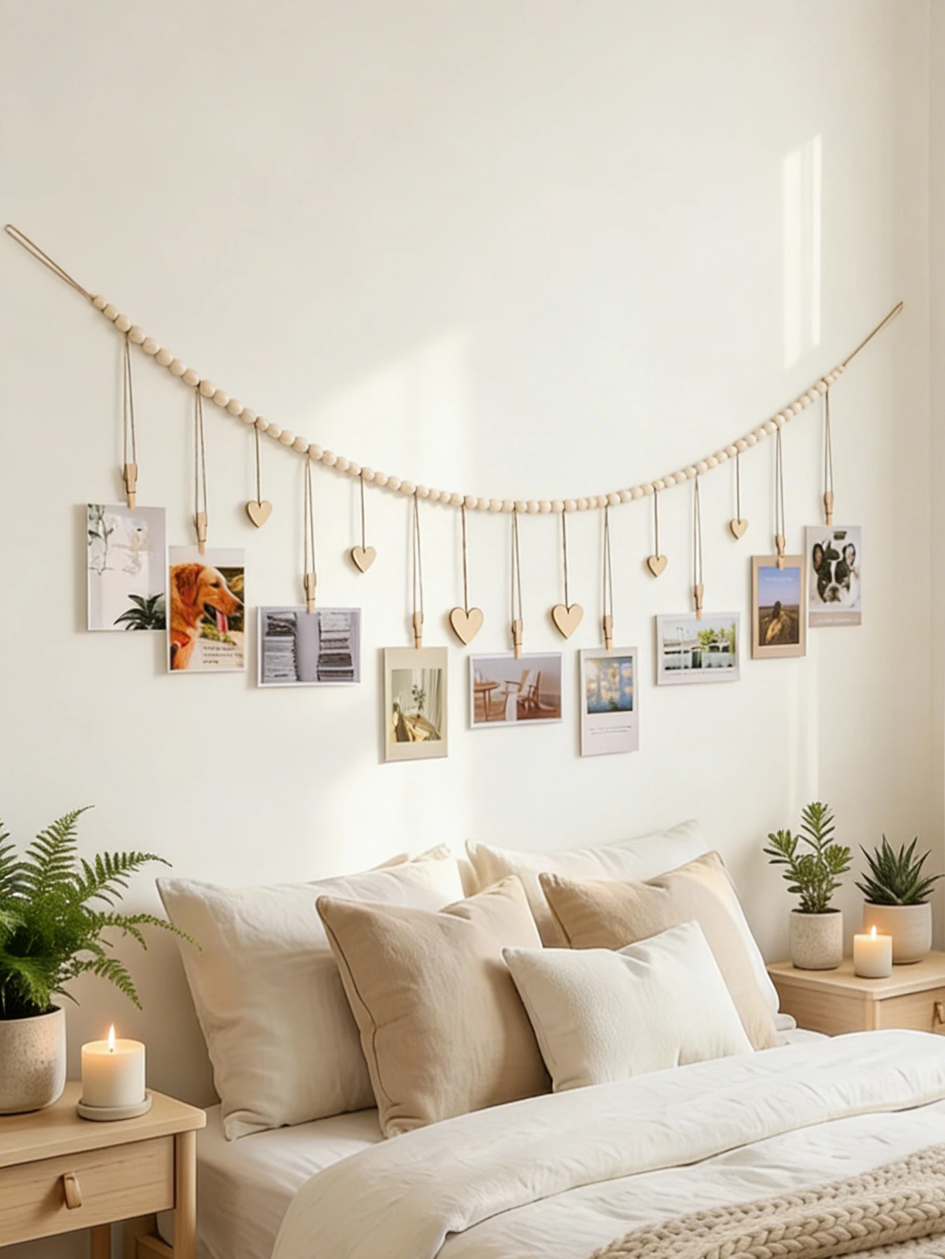 木製ビーズフォトガーランド ハートクリップ付き 壁掛け写真デ - Picture Hanging Strip のレビューと価格