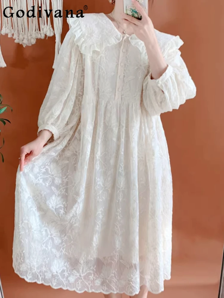 

Spring Japanese Peter Pan Collar Court Beige Sweet Lace Dress Fashion High Waist A-line Loose Three-quarter Sleeve Gauze Dresses