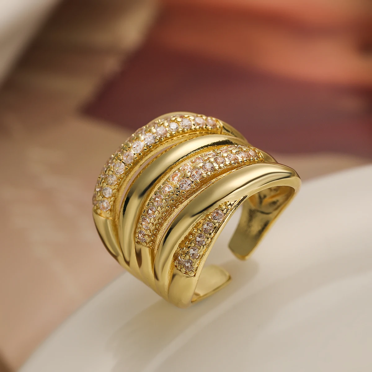 31styles Luxury AAA Cubic Zirconia Inlay Copper Wedding Jewelry Gold Color Statement Geometric Rings For Elegant Women