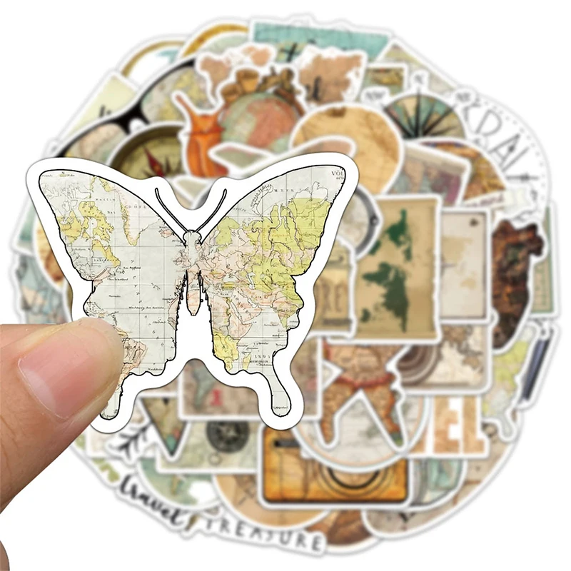 50PCS Vintage Travel Stickers Aesthetic Clock Maps Sticker Retro Adventure Globe Compass Map Vinyl Decals for Luggage Suitcase