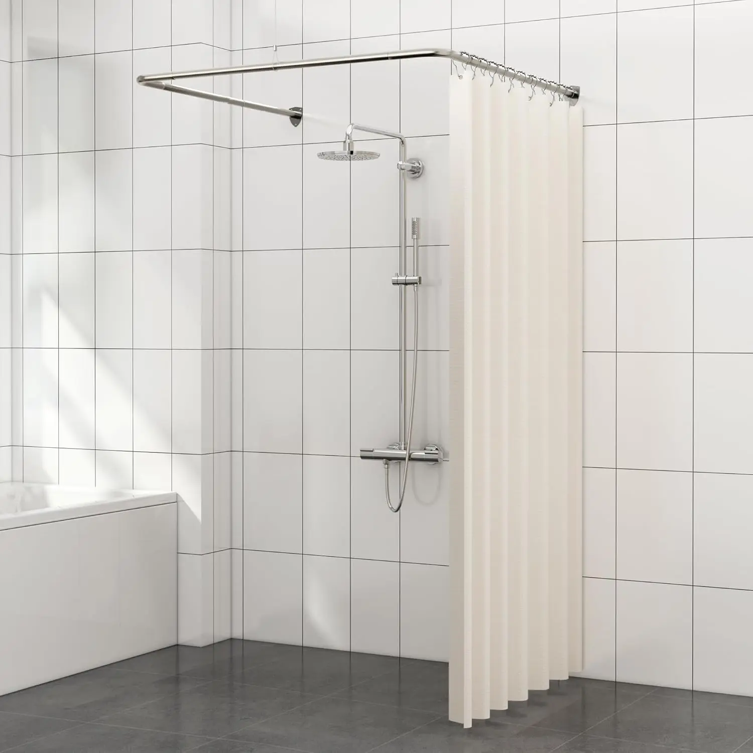 

U Shaped Shower Curtain Rod, Adjustable Corner Shower Curtain Rod for Bathroom, Clothing Store, Stainless Steel with 12 Ring