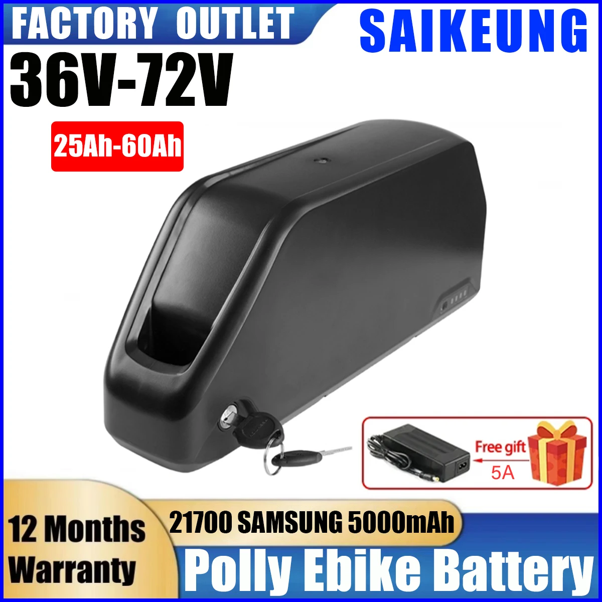 Ebike Hailong Polly DP7 48v 36 52v 60v 72V 20 25 30 40 50 60 Ah E-Bike Accu Fatbike Bicycle 3000W 72v High Power Lithium Battery