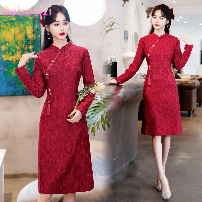 

Traditional Chinese Clothing for Women Modern Improved Red Cheongsam Elegant and Pretty Long Sleeve Qipao Dress CNY