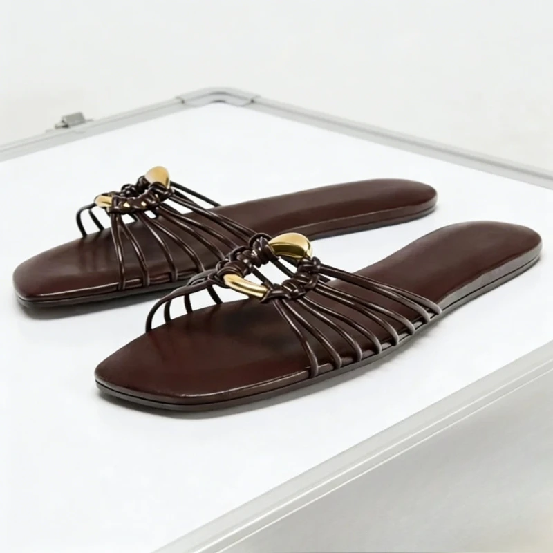 

Weave Flat Women's Slippers Metal Buckle Narrow Band Designer Women Sandals Open-toe Slides Comfortable Casual Women Beach Shoes