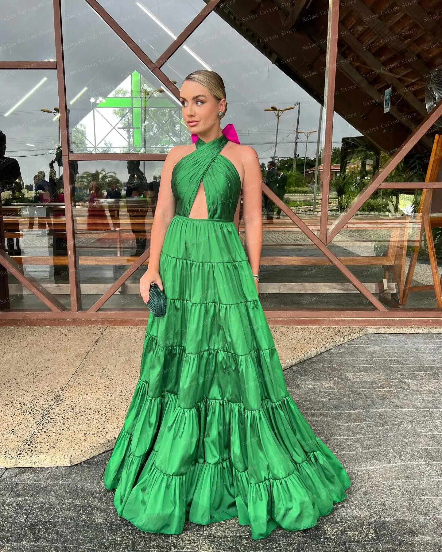 Halter Green Satin Dress Ruffles LayeredA-line Evening Dresses For Women Open Back Prom Dress With Bow Custom Made Gowns