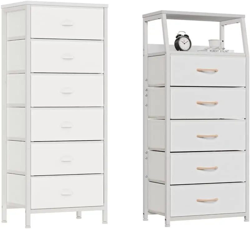 

White Dresser with 5 Drawers, Tall Dresser for Bedroom and Nightstand with 6 Drawers, White Furniture w/ Fabric Drawer Organizer