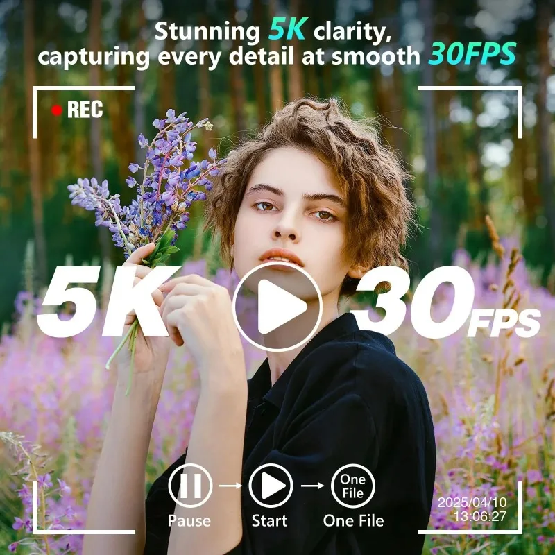 5K 80MP Digital Camera 6-Axis Stabilization 270° Flip Screen 18X Zoom Dual Lens Vlogging Autofocus for YouTube Travel