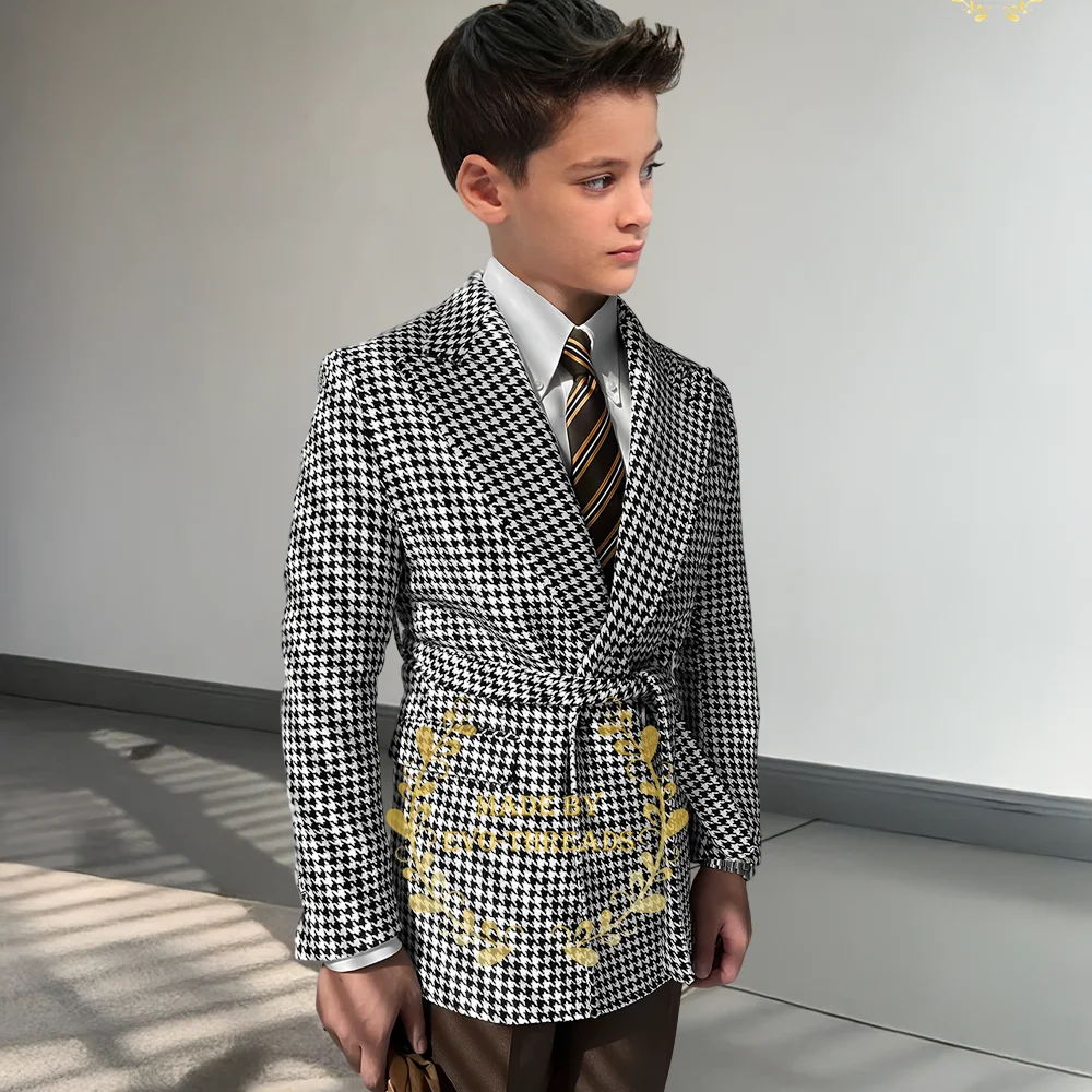 Boys Formal Suit White Black Houndstooth Blazer with Belt Set for Wedding Pageboy Prom Easter Xmas Party Tuxedo for Kids Gift