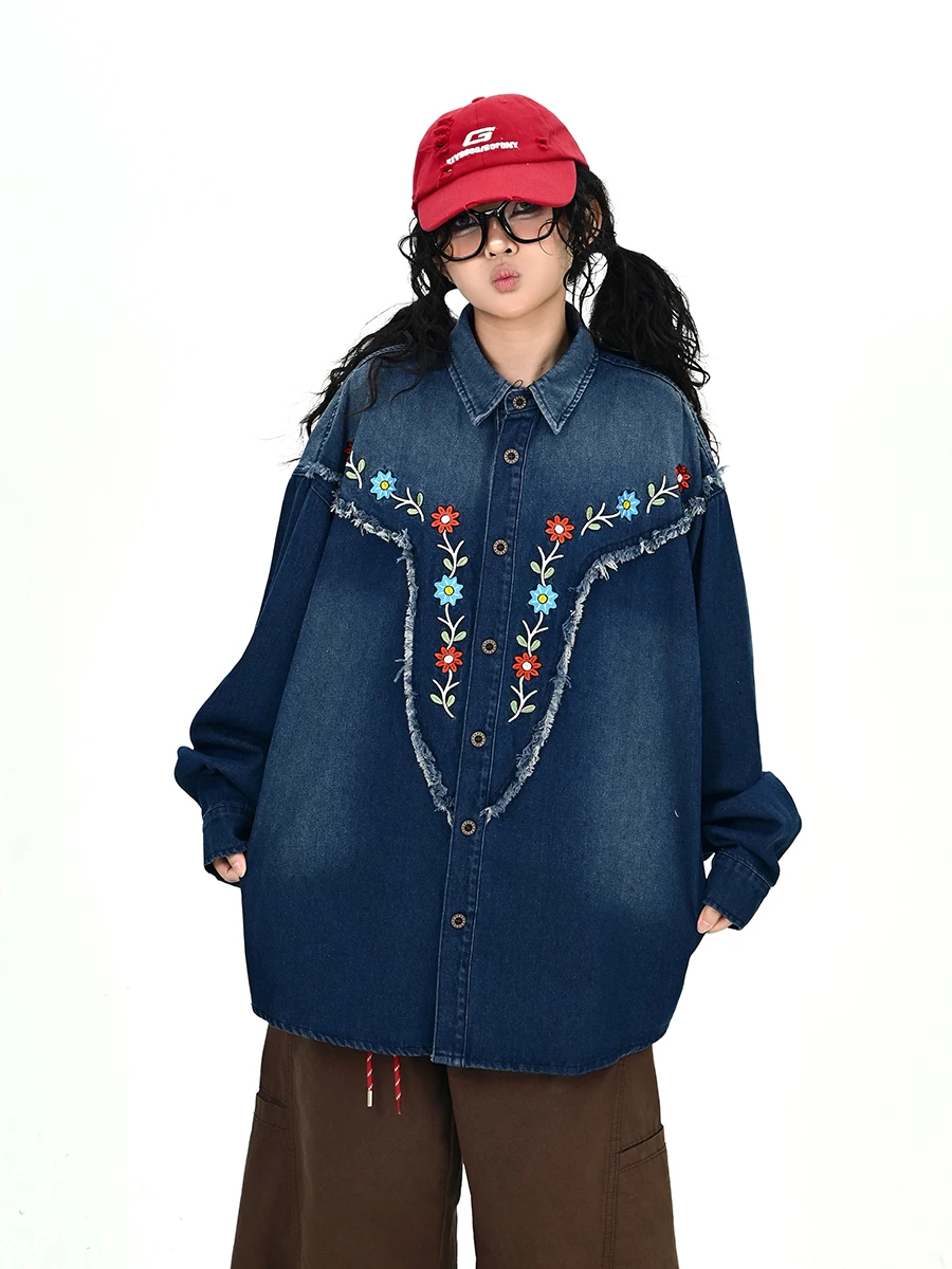 

Синяя джинсовая рубашка с цветочной вышивкой, свободного кроя, с длинными рукавами, осенняя новинка, в стиле BF College, удобная, не деформируется