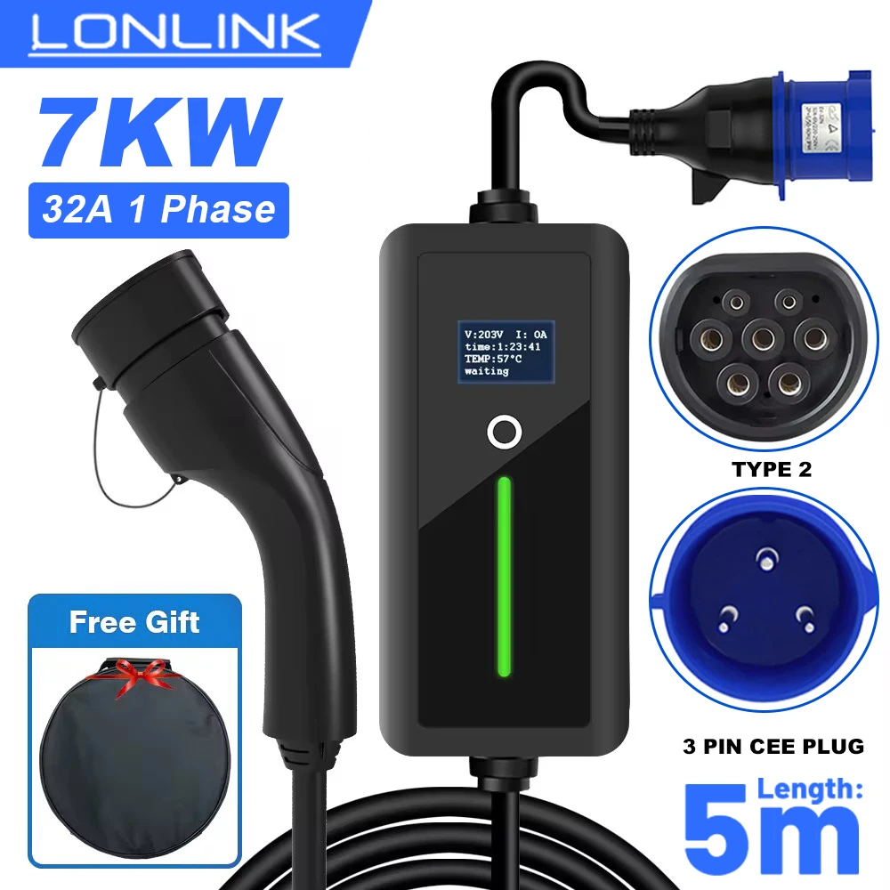 

LONLINK Portable EV Charger Type 2 32A 7KW 1 Phase 5 meter level 2 evse charger 240v With 3/5 PIN CEE Plug ev charger type 2