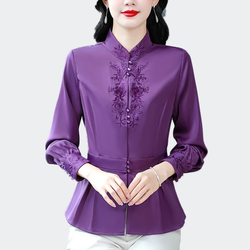 

Высококачественные шелковые блузки с вышивкой, женские рубашки с воротником-стойкой и длинным рукавом, модные женские элегантные топы 2025