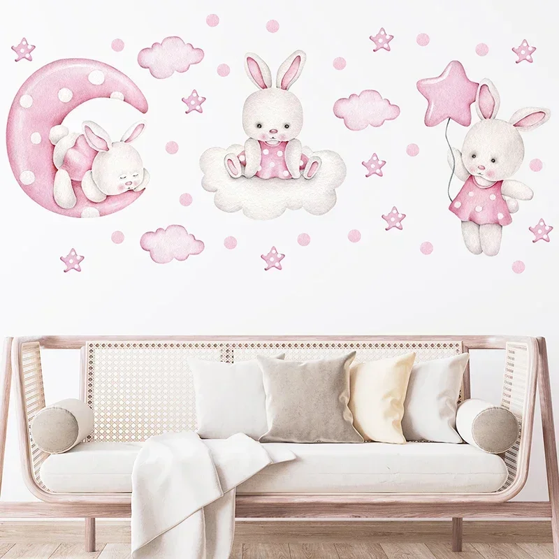 Watercolor Soft Pink 3 Bunnies Rabbit Moon Clouds Stars Wall Stickers for Kids Room Baby Nursery Room Wall Decals Home Decor PVC