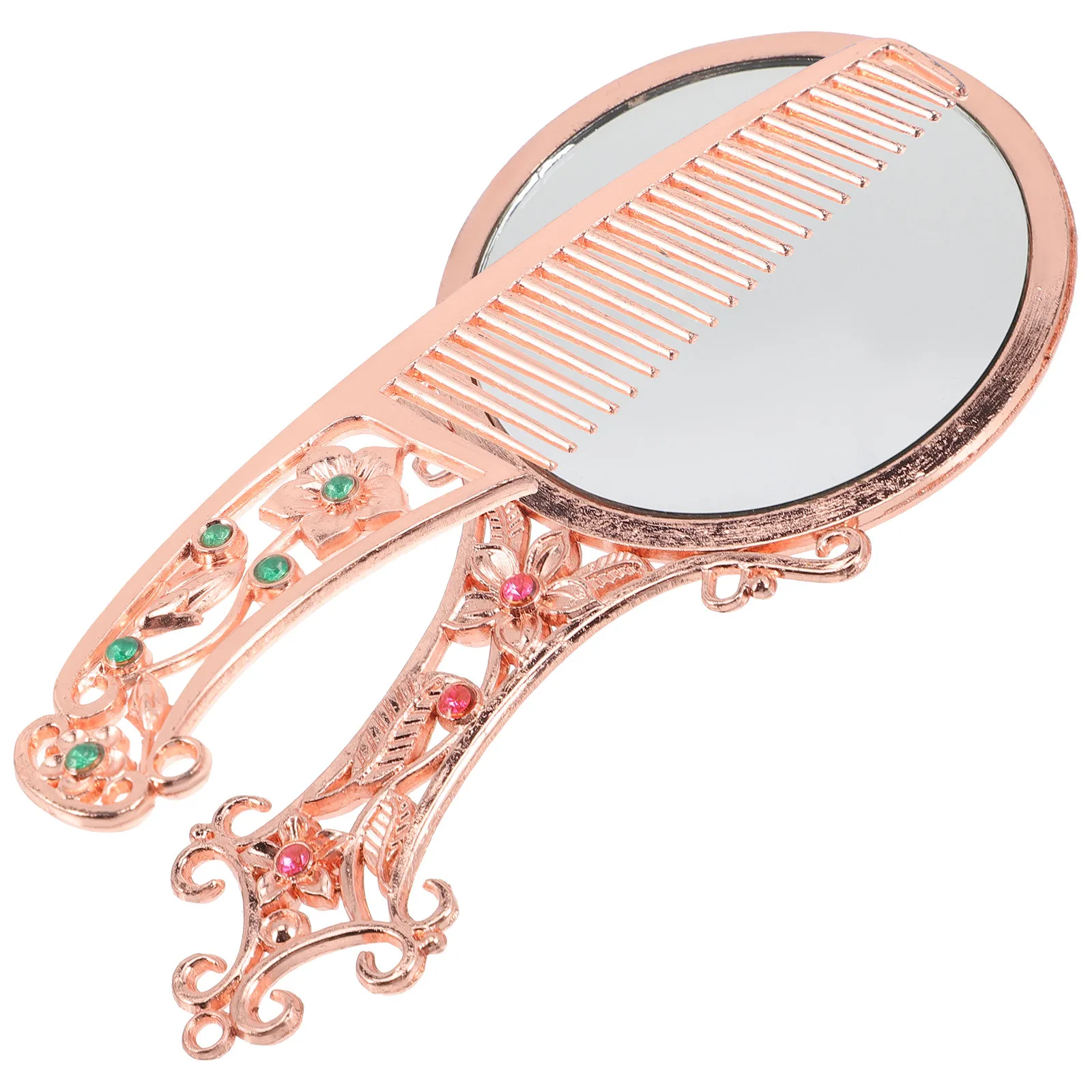 1Set Vintage Hand Mirror Comb Set Pattern Compact Portable Handheld Mirror Lightweight Makeup Vanity Travel Gift