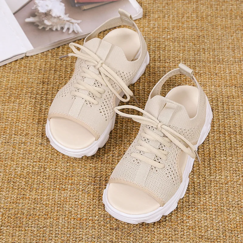 Women Sandals Mesh Casual Shoes White Thick-Soled Lace-Up Sandalias Open Toe Beach Shoes for Women New Zapatos Mujer 2023