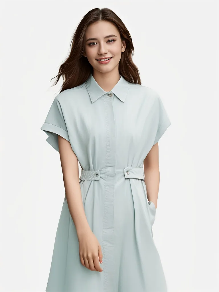 

Women Casual Shirt Dress Rolled Cuffs Commute Style Belted Design Single Breasted Button Minimalist Neutral Fashion Elegant