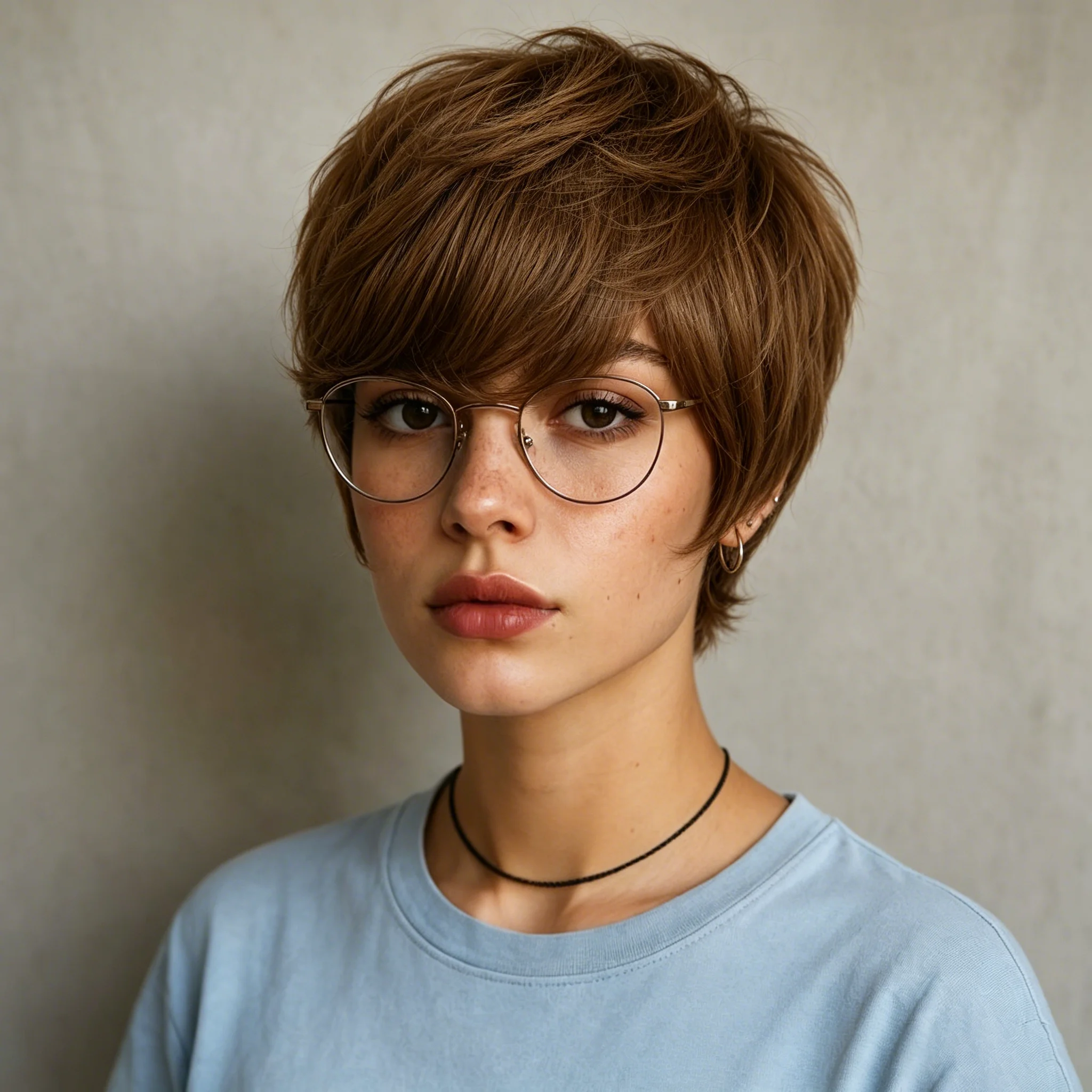 

Short Brown Layered Straight Hairstyle Wig With Bangs, Natural Looking Human Hair Full Machine Made Pixie Cut Wig For Women