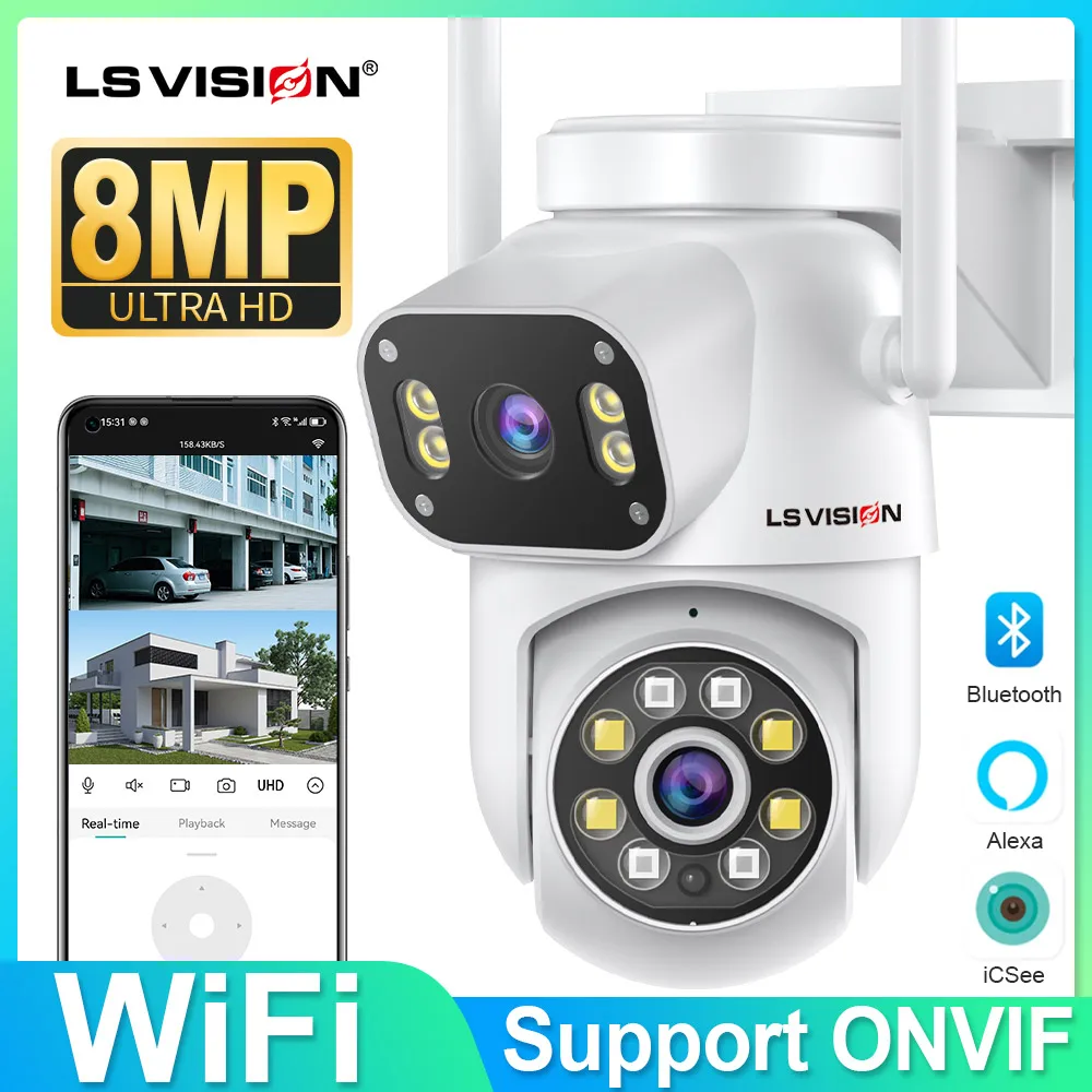 

LS VISION External Wifi PTZ Camera Dual Lens 4K 8MP HD Outdoor IP Camera 4MP Auto Tracking Security Protection CCTV Surveillance