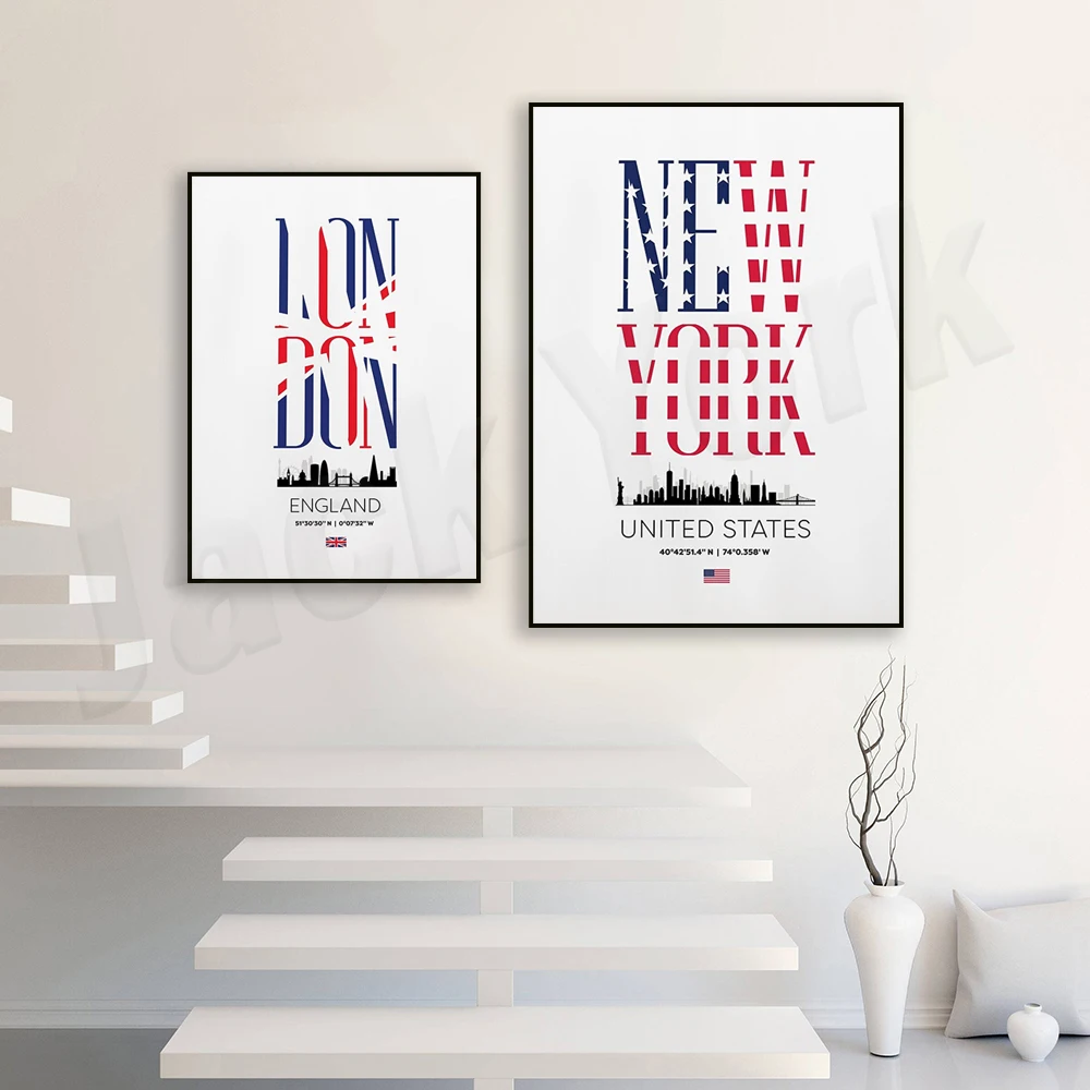 London text typography, New York City text typography, New York skyline, USA, Union Jack flag, cityscape art travel poster