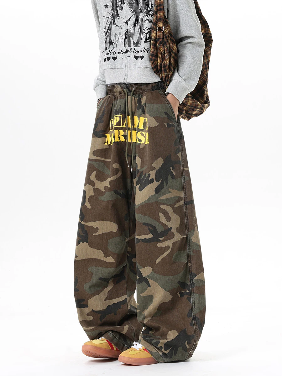 

Ретро-джинсы унисекс с американским буквенным принтом, широкие, камуфляжные, весна-осень, свободные, на резинке, прямого кроя, для молодежи