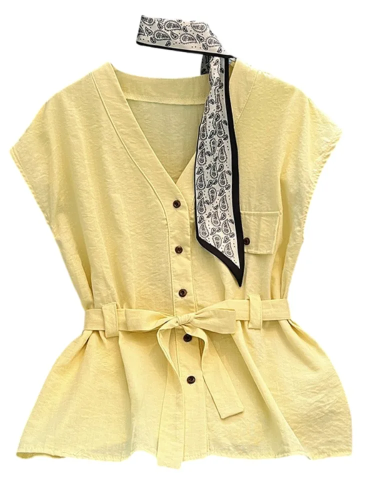 وشاح حريري صيفي V-Ne Svel irt المرأة فضفاضة الخصر Cinched التخسيس الأعلى الكورية Sle تخفيف زر الرياح التفاصيل #5