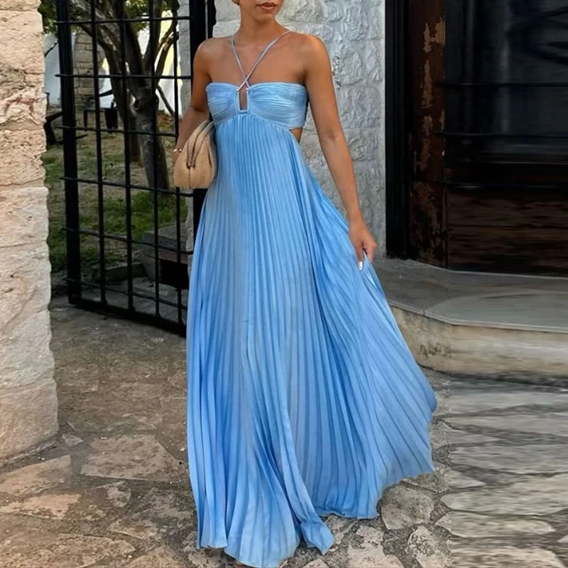 Abiti Sexy Hollow Halter Robe Abiti a pieghe Donna Nuova primavera Solido Vita alta Abito lungo Estate Backless Lace-up Boho Dress