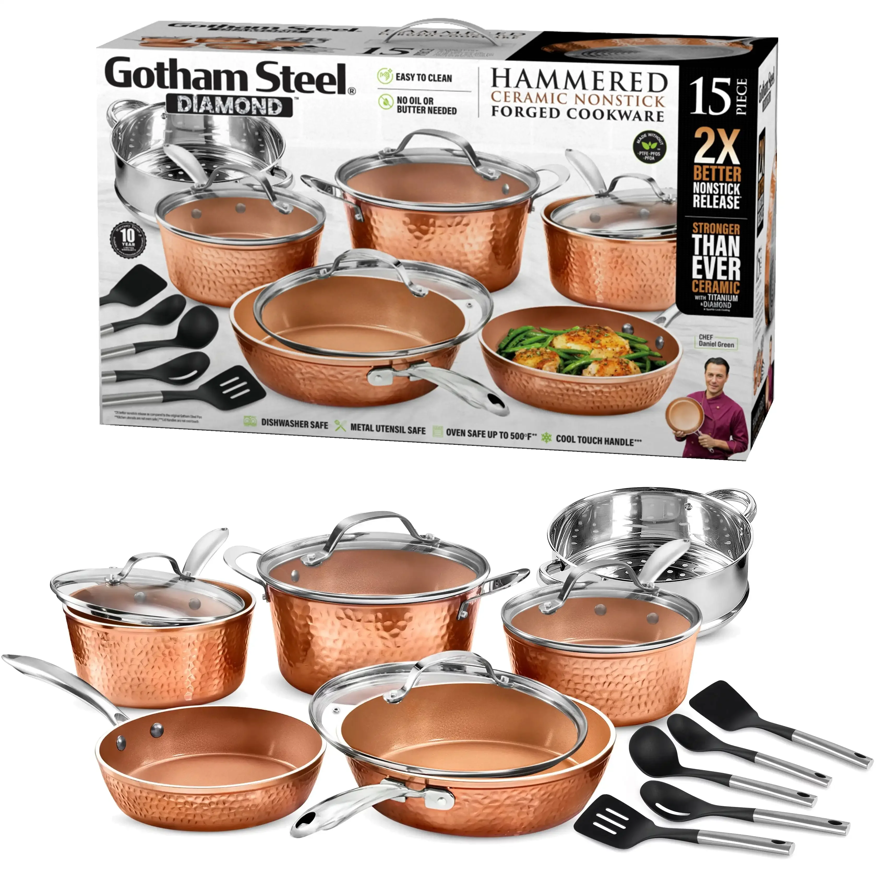

Nonstick Pots and Pans 15 Piece Set Ceramic Cookware Kitchen Set Hammered With Frying Skillet Saucepan