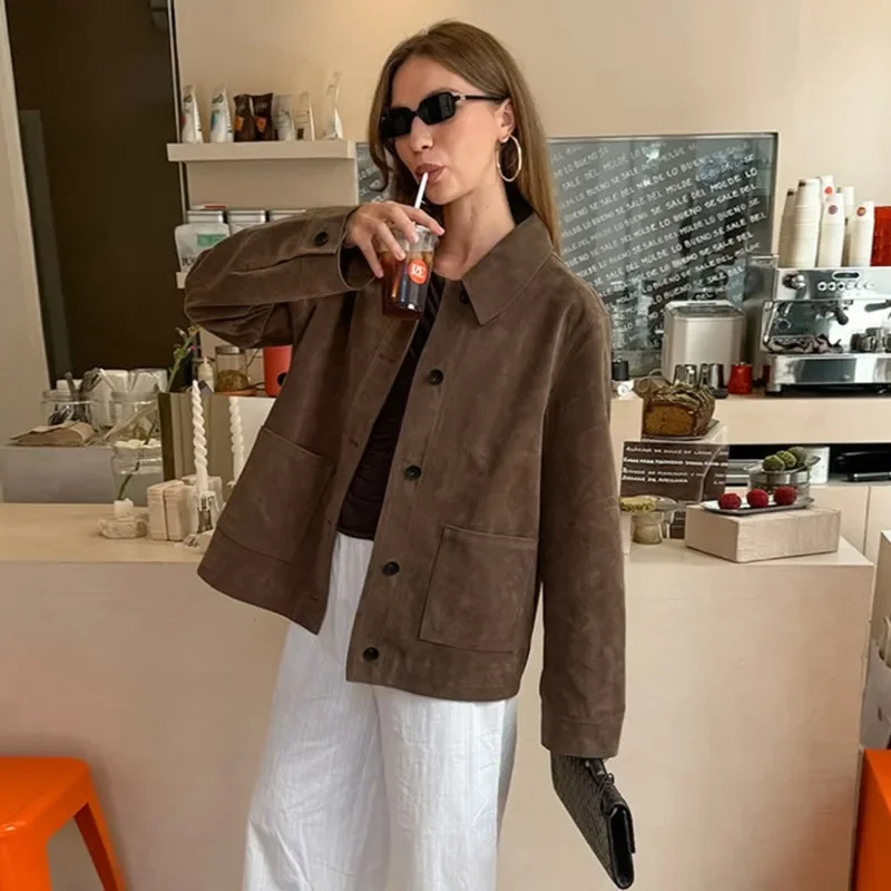 

Fmxires Retro Suede Long-sleeved Jacket Coat Female V neck Lace Up Jacket 2025 Autumn Winter New Commute Office Lady Outerwear