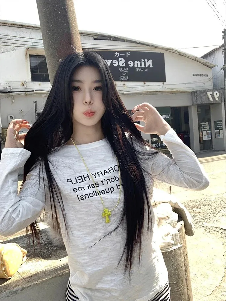 MosesQueen Queen Long Sleeve T-Shirt Women Loose White Inner Wear Base Shirt Pure Cotton Letter Print Casual Commute Style