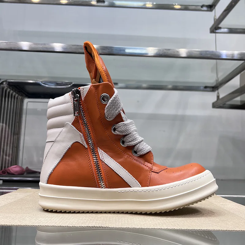 Leather High Top Orange Shoes Zipper Thick Sole Geobasket Ro Jumbo Lace Up Luxury Sneakers Ankle Casual Flat Motorcycle Boots