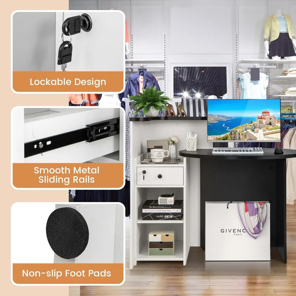 Reception Desk, Front Counter Desk w/Lockable Drawer & Adjustable Shelf, Oval Desktop, Counter for Checkout, Reception Desk