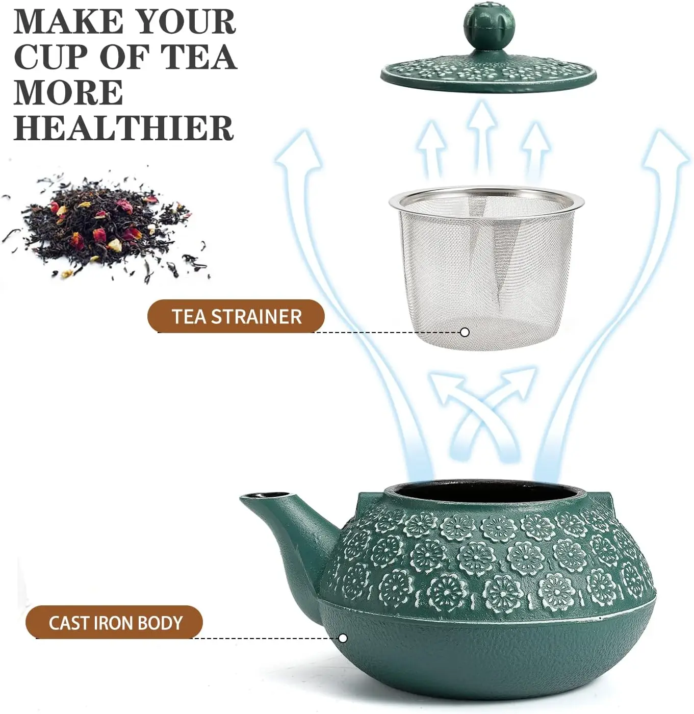 Cast Iron Teapot, 1000ml Japanese Tetsubin Tea Pot Tea Bags, Tea Kettle Coated with Enameled Interior for Stove Top