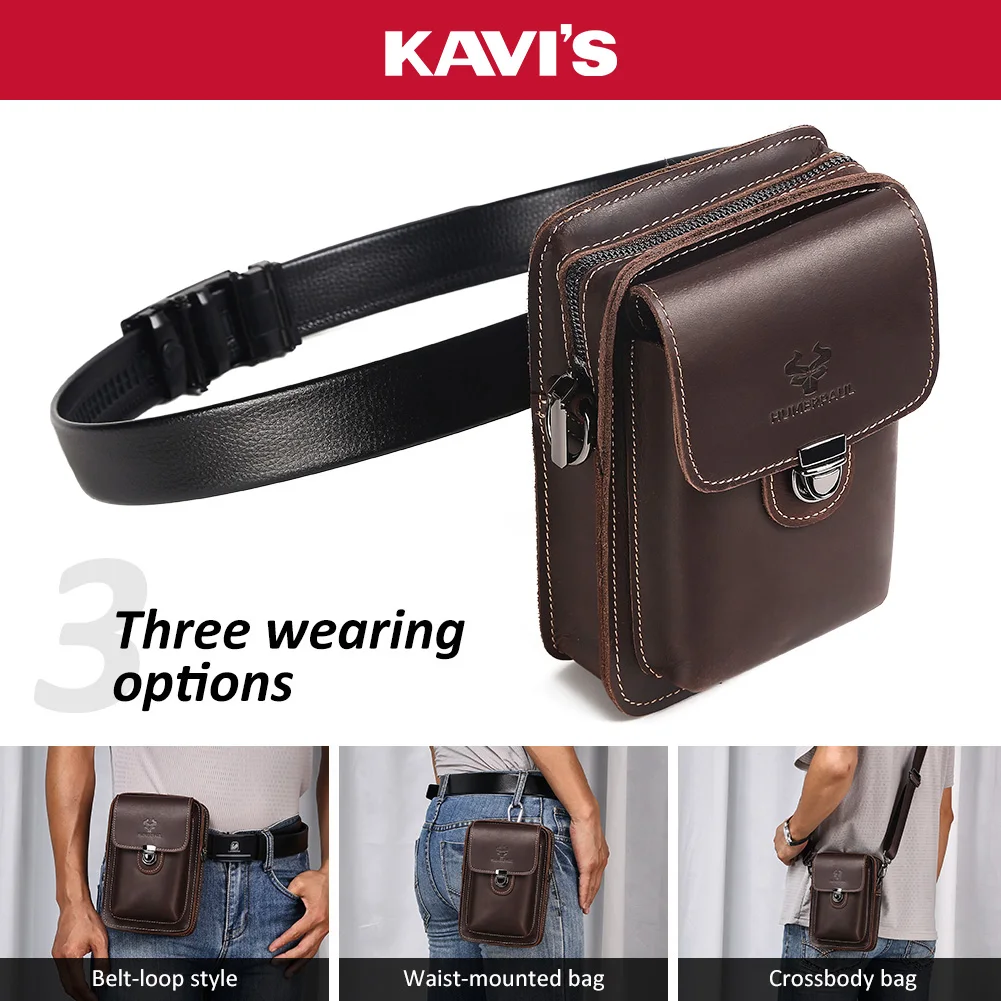 

KAVIS Crazy Horse Leather Waist Pack Bag Fashion Small Crossbody Shoulder Bag for Travel Multi functional Phone Pouch