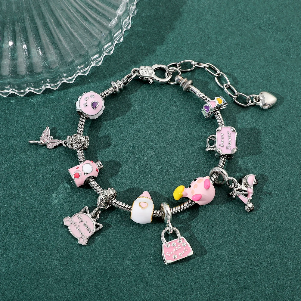 Anime Game Cartoon Kirbies Bracelet Kawaii Pink Pendant Snake Chain Bangle Brand Bracelet for Women Diy Making Accessories