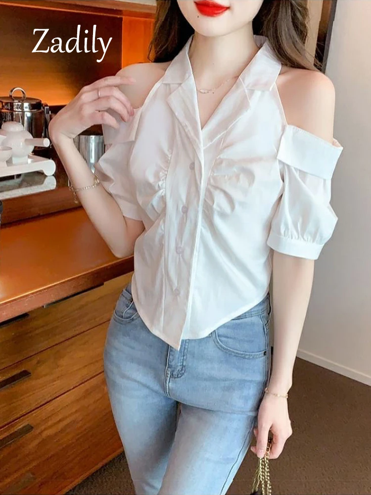 Zadily Causal Short Sleeve Women  Shirt 2023 Summer Korea Style Off Shoulder Button Up Elegant Woman Blouse Slim Clothing Tops