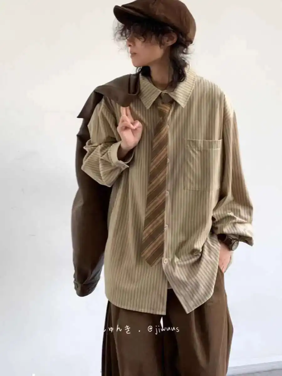 Spring and Autumn Long sleeved Striped Shirt for Male and Female Couples College Style Casual Versatile Loose Shirt