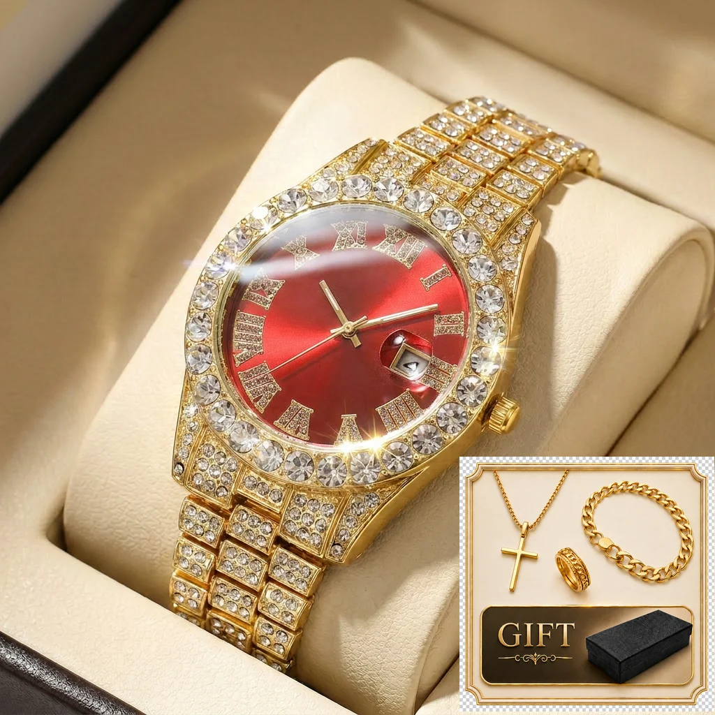 

4pcs gift box set Men's red dial alloy strap fashion jewelry details Quartz Watch Gift Box Set for party holiday