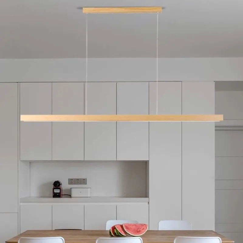Modern Simple Pendant Lights Wooden Long Linear Hanging Lamp Table LED Light Kitchen Island Lighting Dining Living Room Office