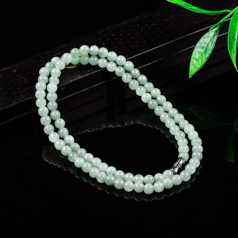 Real Natural Ice Seed Jade 5mm Bead Three Circles Bracelet Carved Charm Jadeite Jewelry Fashion Amulet Gifts Women Sweater Chain